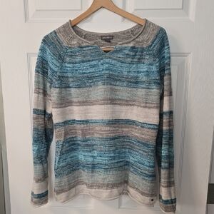 Eddie Bauer Women's Teal and Gray Striped Sweater